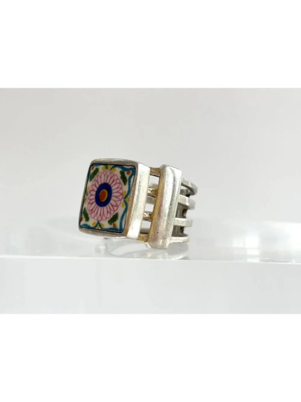 Porcelain Floral Painted Tilework Chunky Sterling Silver 925 Vintage Ring - sz 5